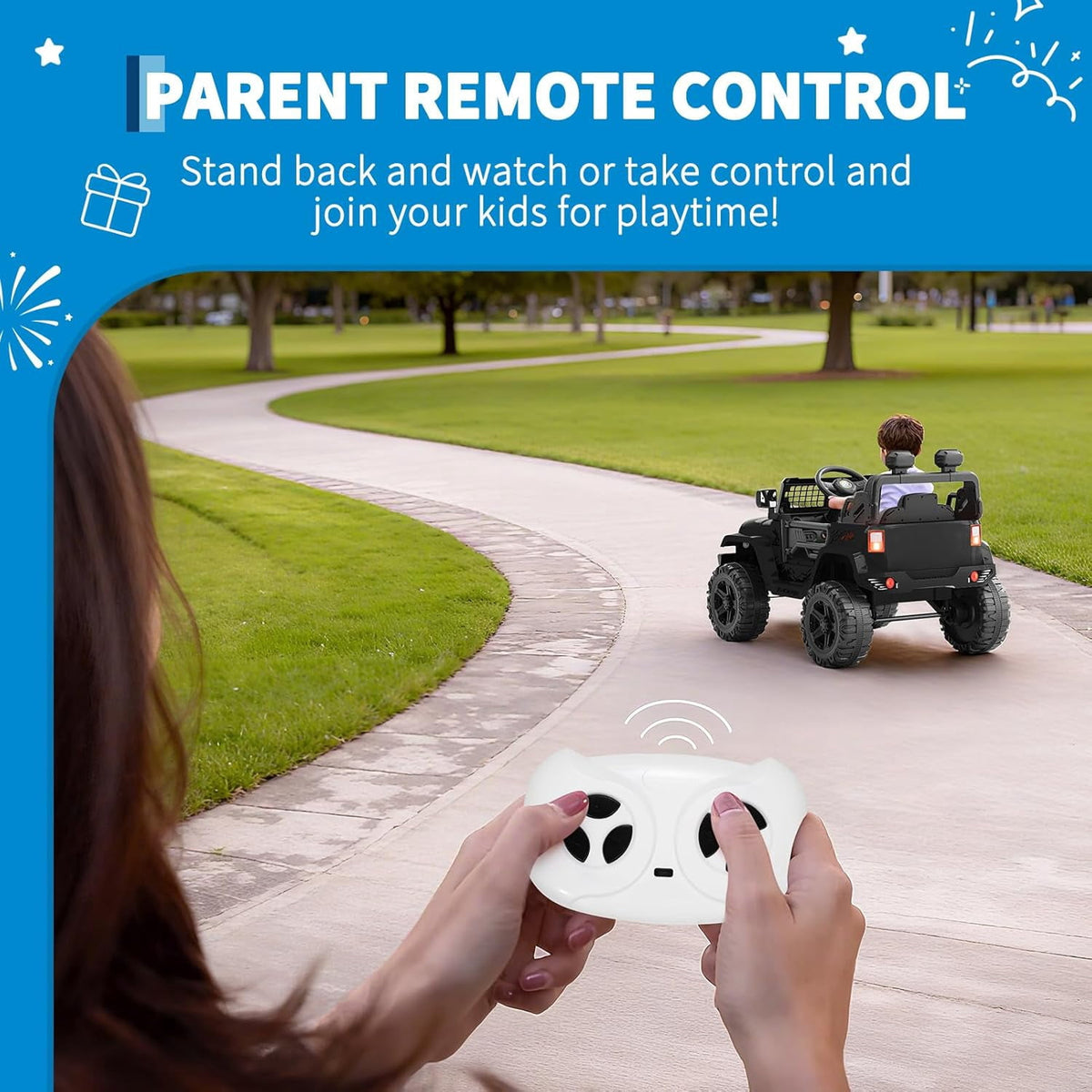 12V Electric Ride On Car with Remote Control, Off Road Ride On Vehicle with Bluetooth, LED Lights, Spring Suspension, Adjustable Seat Belt, All Terrain Tires, 61 lbs Capacity