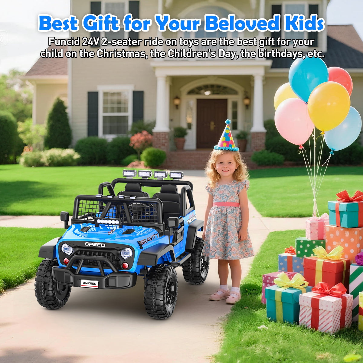 Funcid 24 Volt Ride on Toys with Remote Control, 400W 2-Seater Ride on Cars with Colored LED Lights & Battery Indicator, Electric Car for Kids w/ Bluetooth, Light Control, Volume Knob, Pink