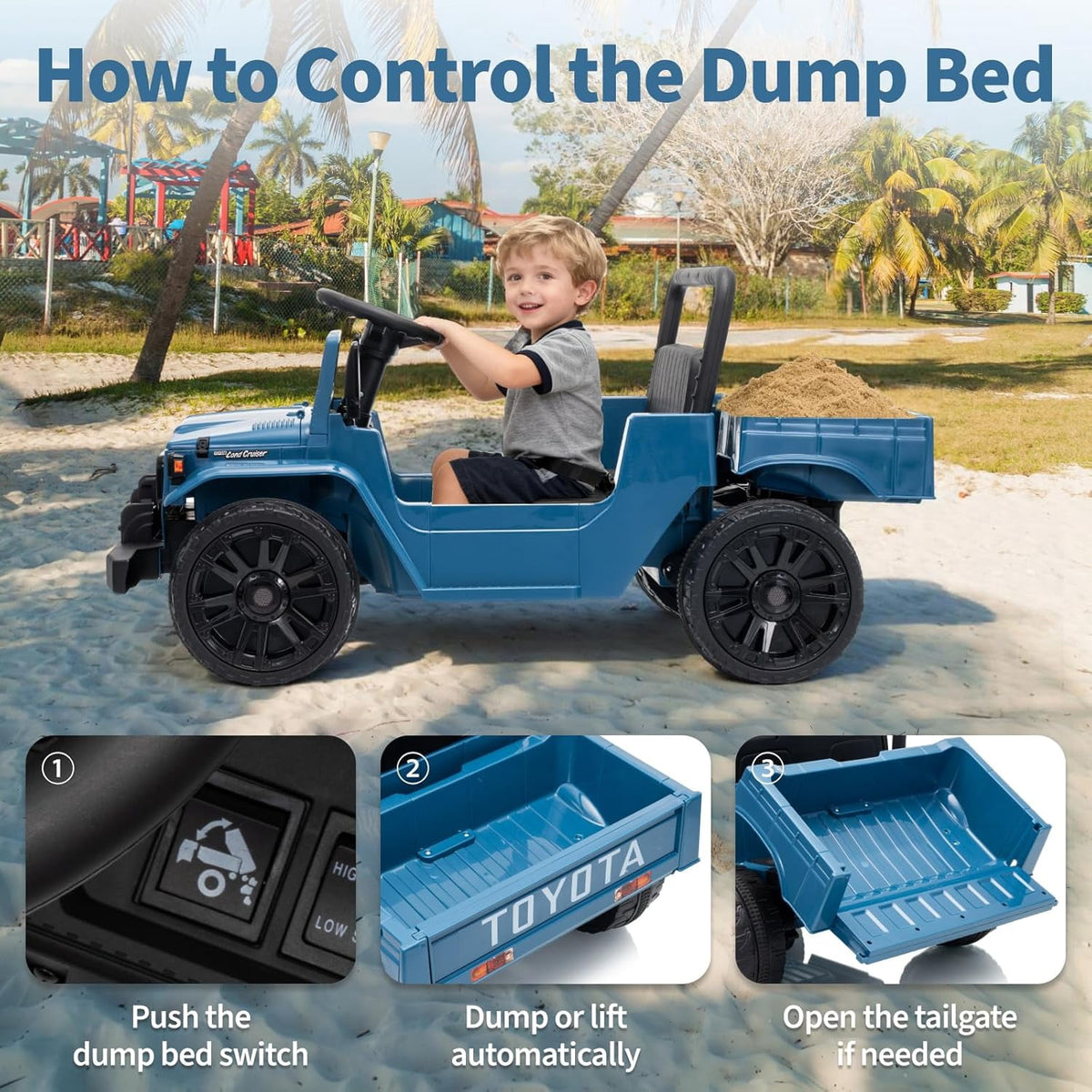 12V Licensed Toyota Ride-On Pickup Truck, Electric Ride-On Car with Remote Control, Lift-Up Dump Bed, Suspension, Bluetooth, Music, 3.73 MPH