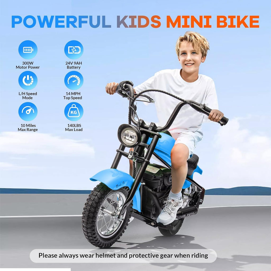 24V Kids Electric Dirt Bike, 300W Motor, 14 MPH, Dual Speed Modes, LED Lights, 60 Min Playtime, Off-Road Motorcycle for Backyard & Trails, Up to 140 lbs,Blue