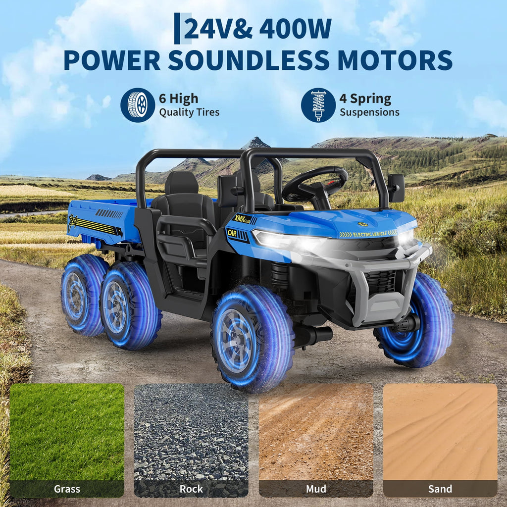 24V 2-Seater 6-Wheel Electric Dump Truck Ride-On for Kids – 4WD UTV Car, Remote Control, Electric Dump Bed, Music, Horn, Industry Standard/CPSIA Certified, Power Ride-On Toy for Boys & Girls