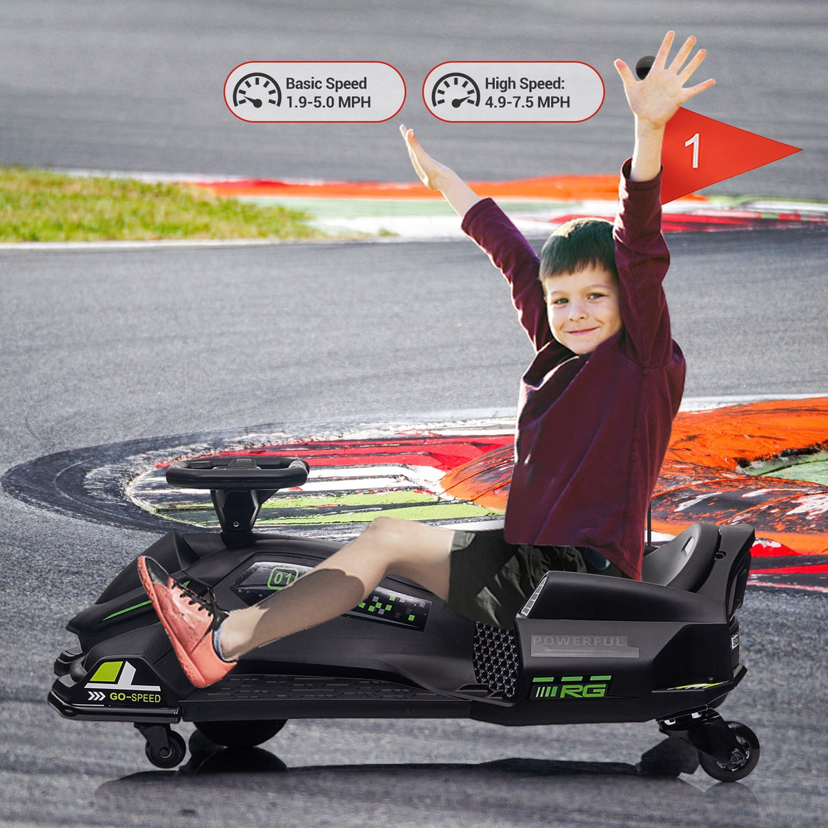 Ride On Drift Kart, Go Kart, Electric Go Kart 24V Drift Kart - 180W Brushless Motor, 7.5 mph Variable Speed, LED Light, Soft Start Battery Powered for Kids 8-12