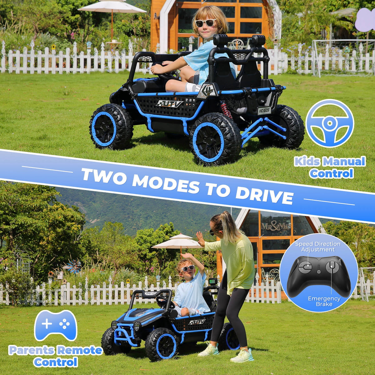 Farmdex 24V Ride on Car Truck, 2 Seater Electric UTV w/Remote Control, 21.5" Spacious Seat Ride on Toy for Kids Aged 3-10, Music, Storage, LED Light, Blue