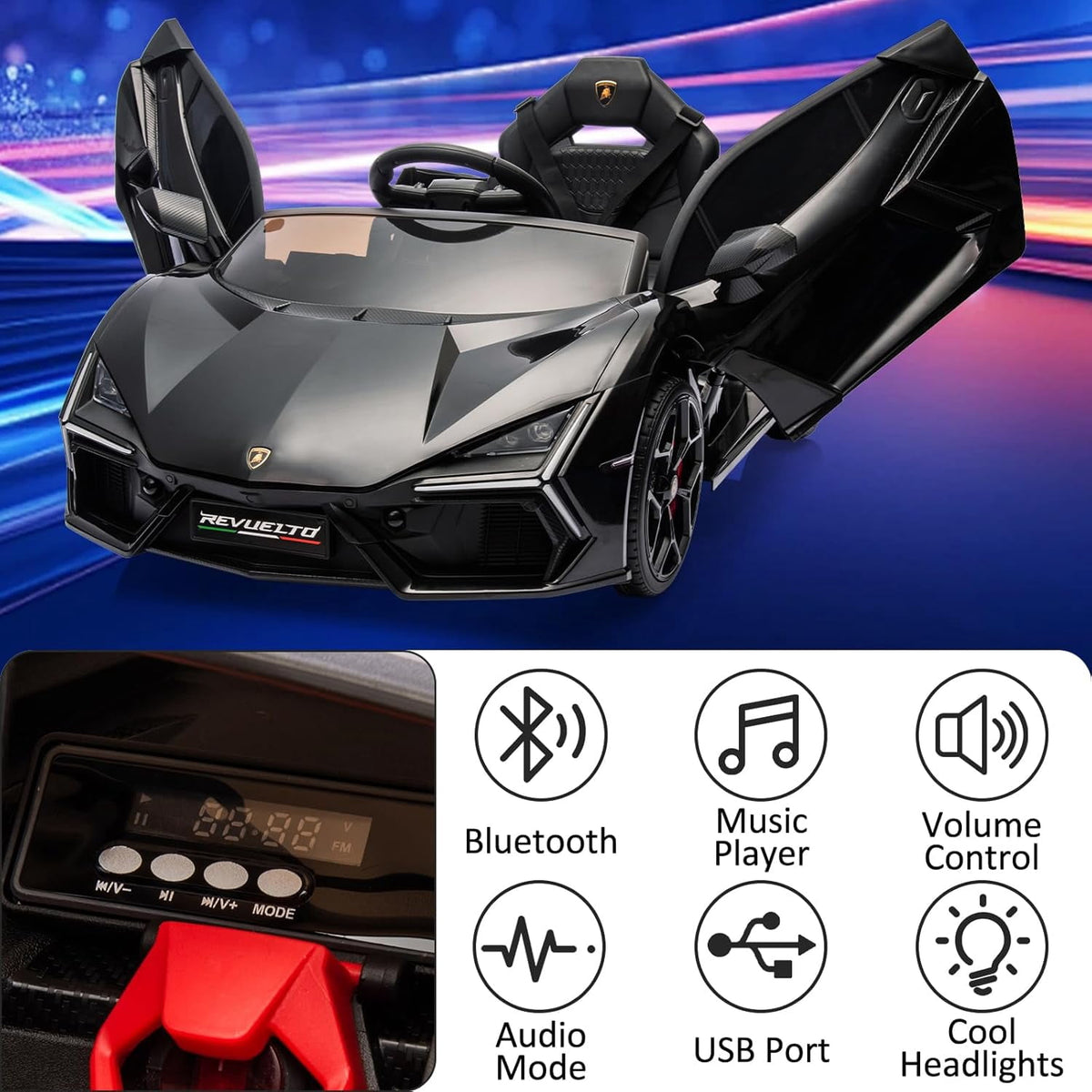 12V Licensed Lamborghini Revuelto Ride-On Electric Sports Car, Dual 25W Motors, Remote Control, Bluetooth, LED Headlights, Music, 1-2 MPH