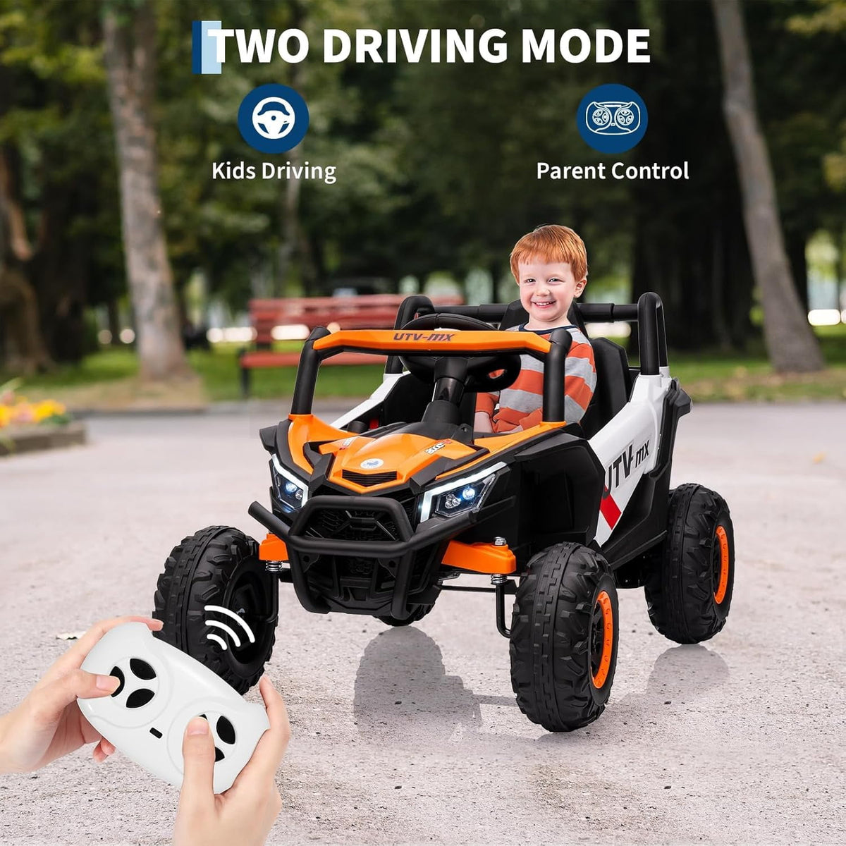 12V 4WD Ride-On Electric Car with Remote Control, 4-Wheel Drive, 4 Spring Suspension, Up to 5 MPH, LED Headlights, Bluetooth
