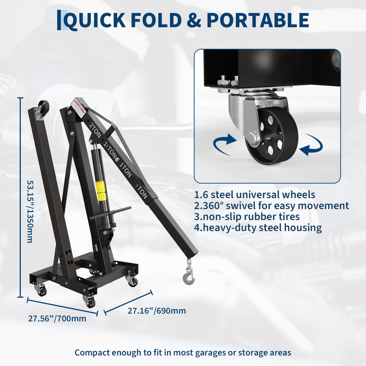 2 Ton Folding Hydraulic Engine Hoist & 3/4 Ton Underhoist Support Stand Set – Heavy Duty Steel Shop Crane, 4-Position Boom, High Reach for Automotive Engine Work, Orange (RAL2004)