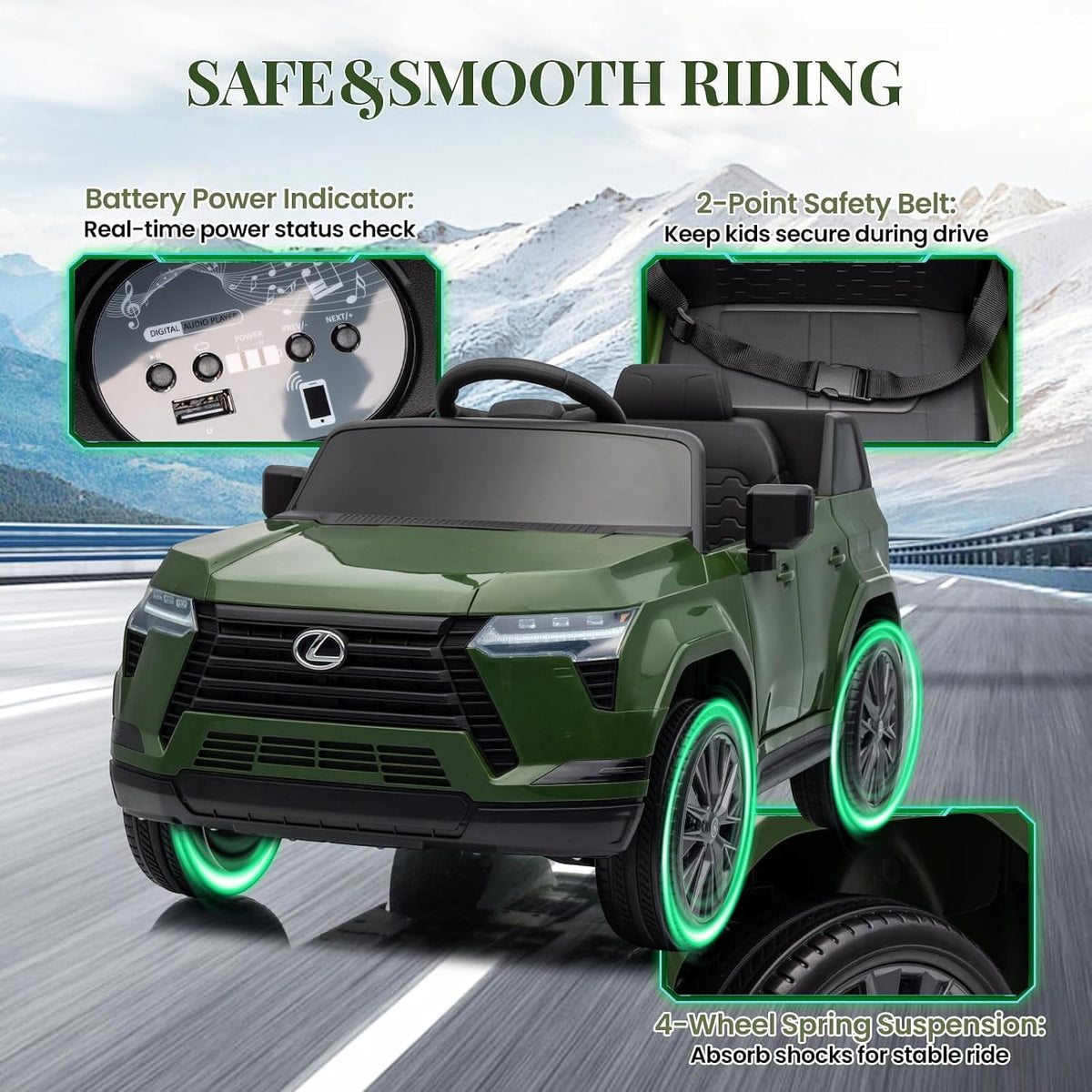 Officially Licensed Lexus GX550 12V Electric Ride-On Car with Parent Remote Control, Dual Motors, 4-Wheel Suspension, LED Lights, Music & Stories, Lockable Doors, Seat Belt, Ages 3-8,Green
