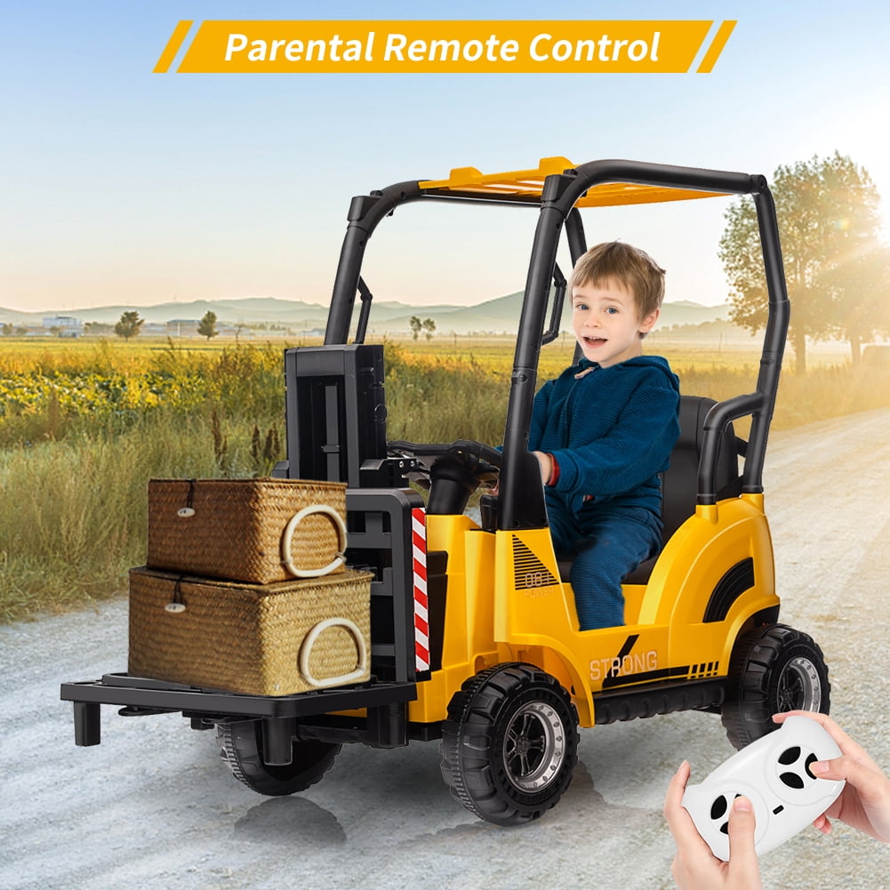 12V Kids Ride On Forklift Car with Tent and Remote Control – Liftable Fork & Pallet – Music, USB, MP3, Low Power Alarm, High/Low Speed – Construction Electric Vehicle Toy – Red