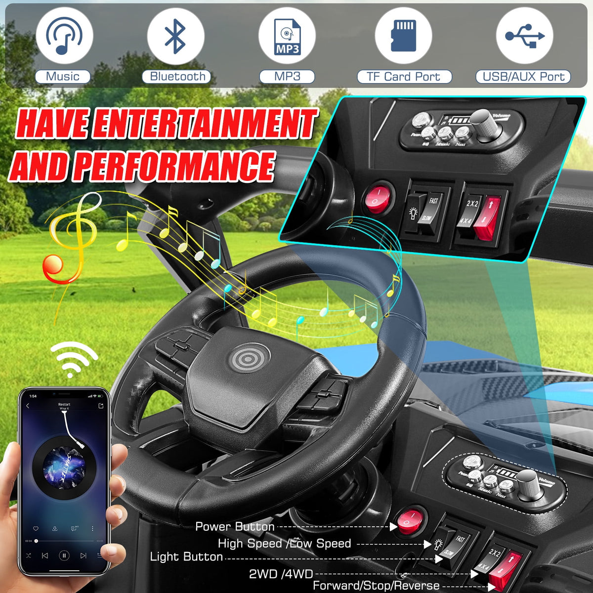 Funcid 24V Ride on Toys 4WD Ride on Cars with Remote Control, 2 XL Seater Electric Car for Kids, Power Car Wheels, UTV w/ 4*200W Motor, Bluetooth, Music, Lights, 3 Speeds, Black