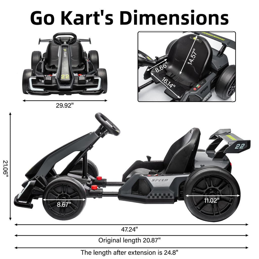 TROPOW Kids Cars Electric Ride On,24V Kids Go Kart,300W Powerful Electric Drift Kart Car with Adjustable Seat,IDE On Toy with 4 Speed Mode,Brake Pedal for Age 6-12,Christmas Gift for Kids,Gray