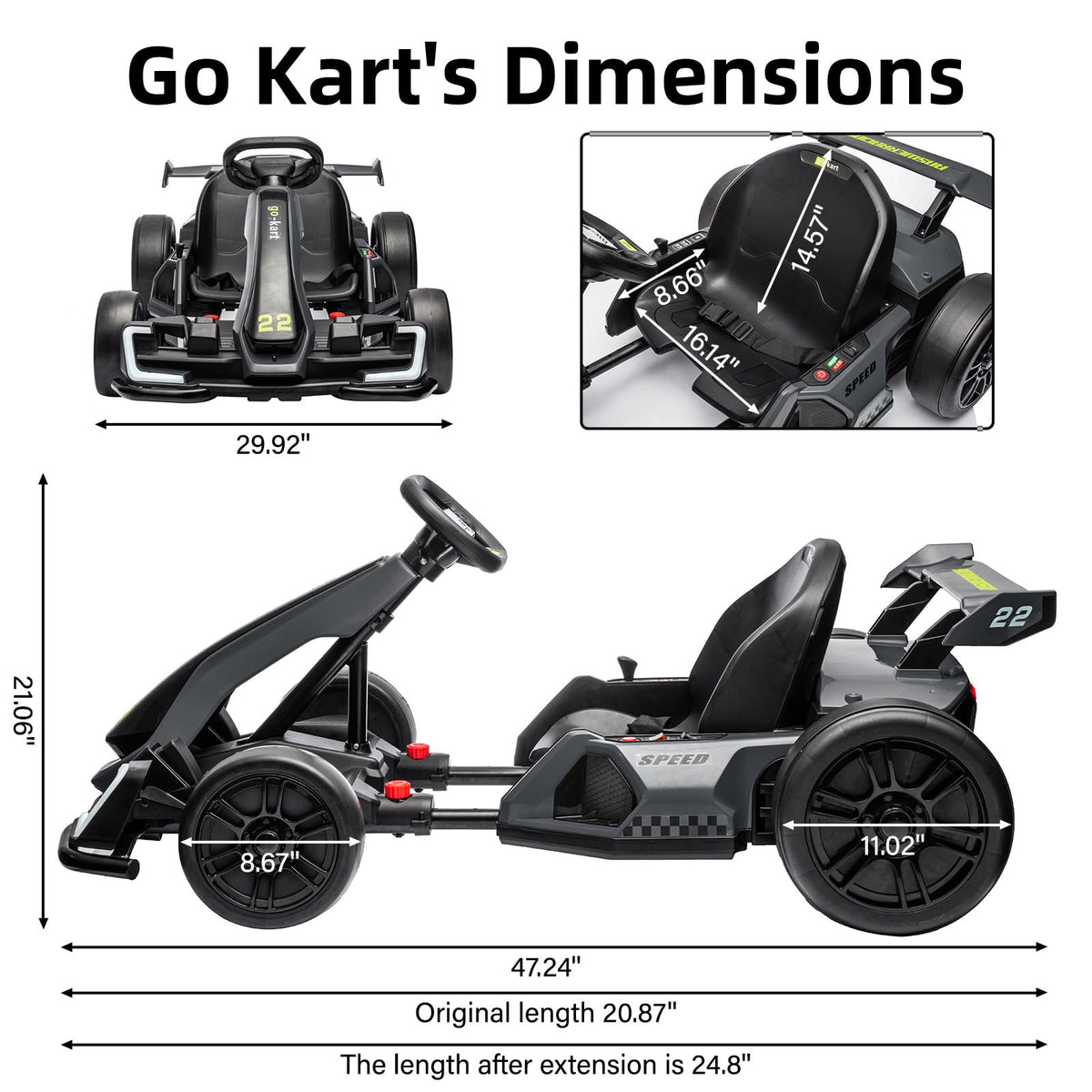 TROPOW Kids Cars Electric Ride On,24V Kids Go Kart,300W Powerful Electric Drift Kart Car with Adjustable Seat,IDE On Toy with 4 Speed Mode,Brake Pedal for Age 6-12,Christmas Gift for Kids,Gray