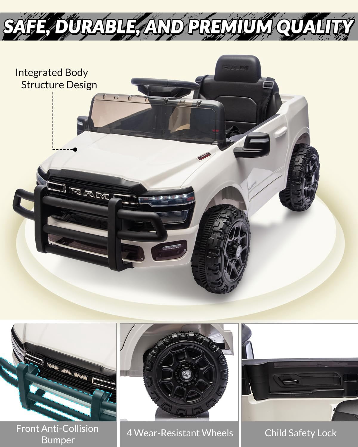 12V Licensed RAM Ride-On Pickup Truck, Electric Ride-On Car with Remote Control, 4-Wheel Suspension, Double Doors, LED Lights, Music, USB & AUX