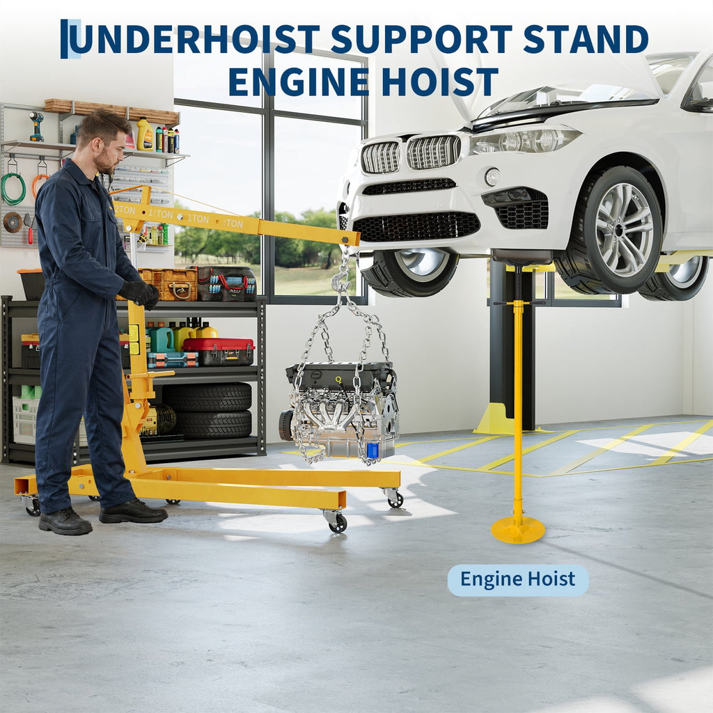 2 Ton Folding Hydraulic Engine Hoist & 3/4 Ton Underhoist Support Stand Set – Heavy Duty Steel Shop Crane, 4-Position Boom, High Reach for Automotive Engine Work, Orange (RAL2004)