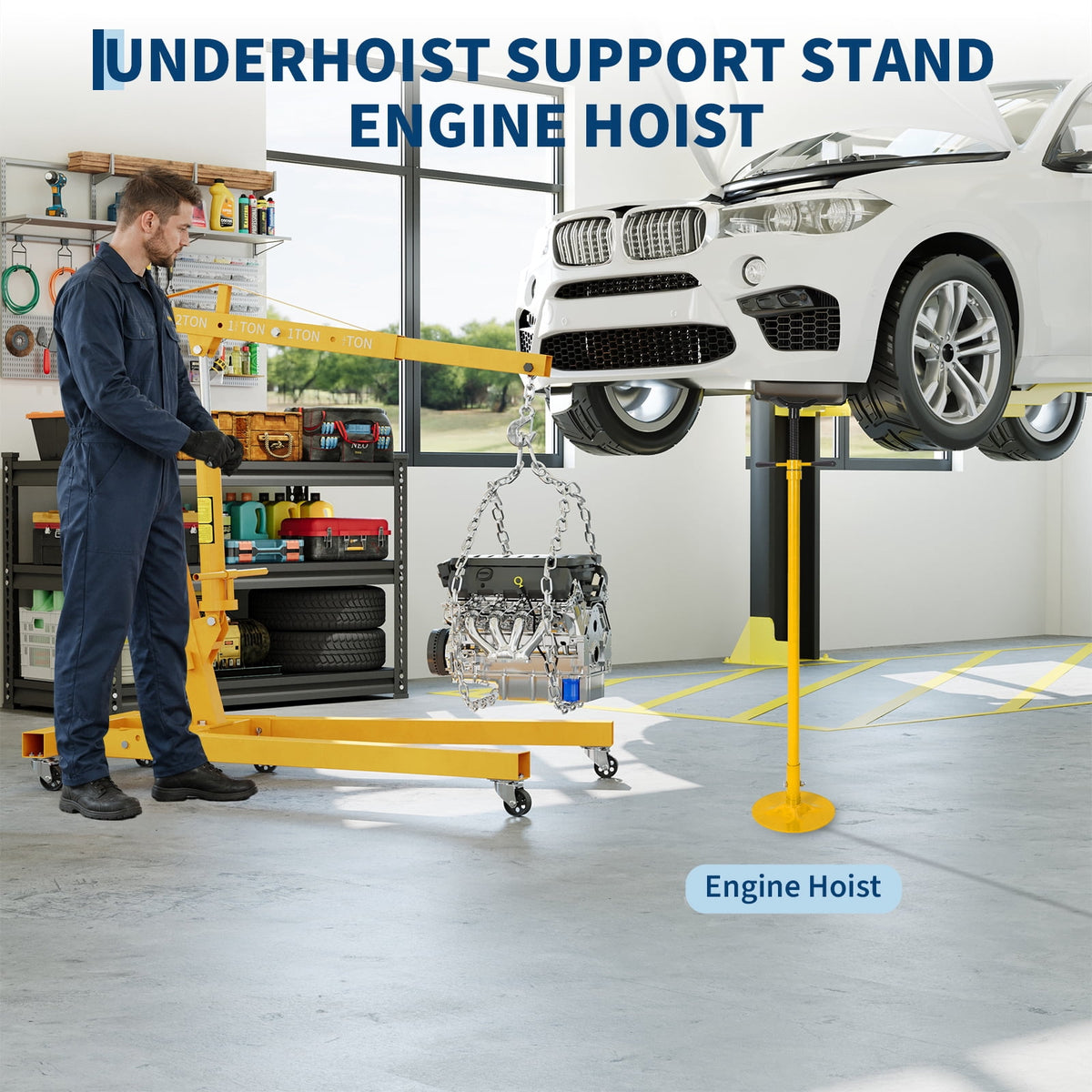 2 Ton Folding Hydraulic Engine Hoist & 3/4 Ton Underhoist Support Stand Set – Heavy Duty Steel Shop Crane, 4-Position Boom, High Reach for Automotive Engine Work, Orange (RAL2004)