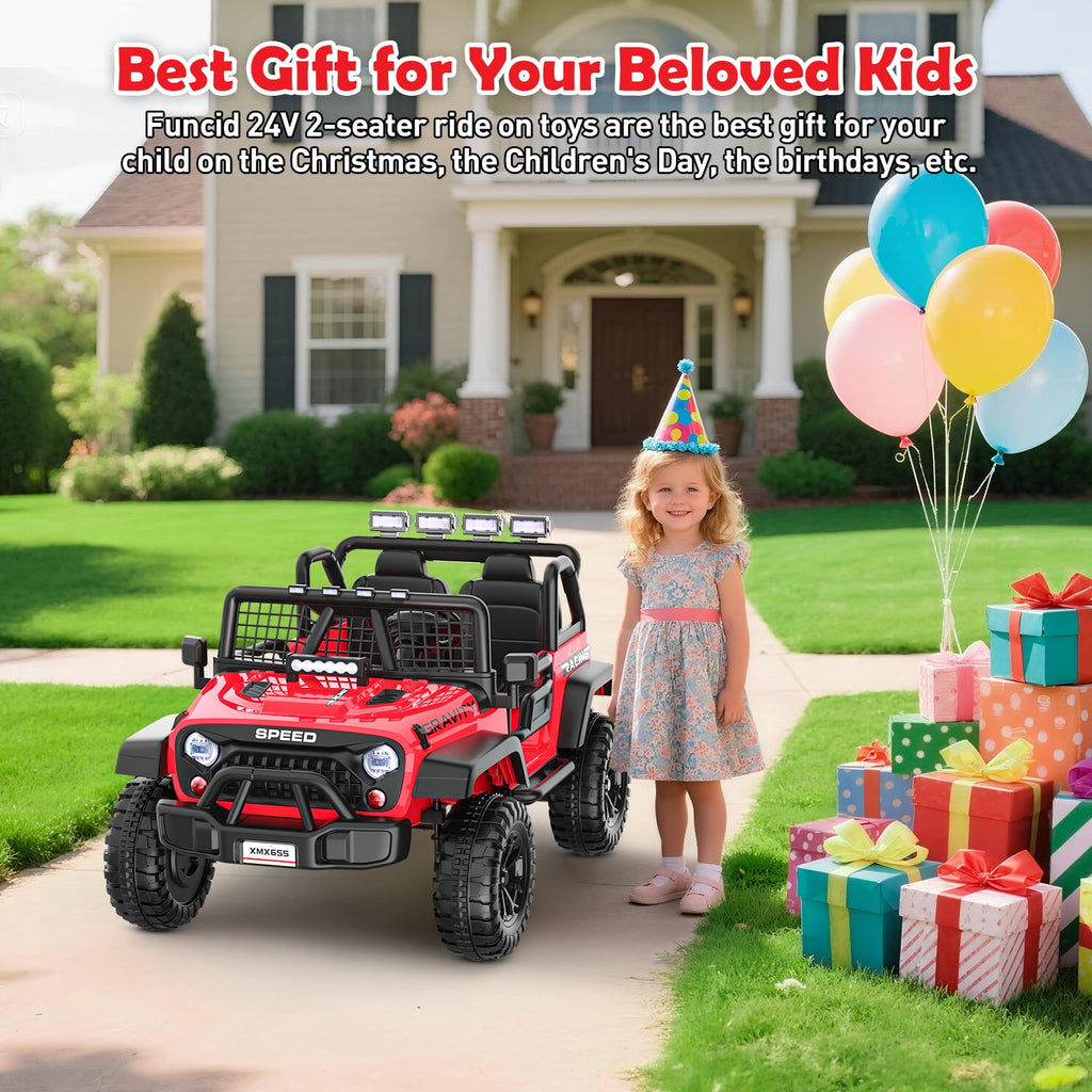 Funcid 24 Volt Ride on Toys with Remote Control, 400W 2-Seater Ride on Cars with Colored LED Lights & Battery Indicator, Electric Car for Kids w/ Bluetooth, Light Control, Volume Knob, Pink