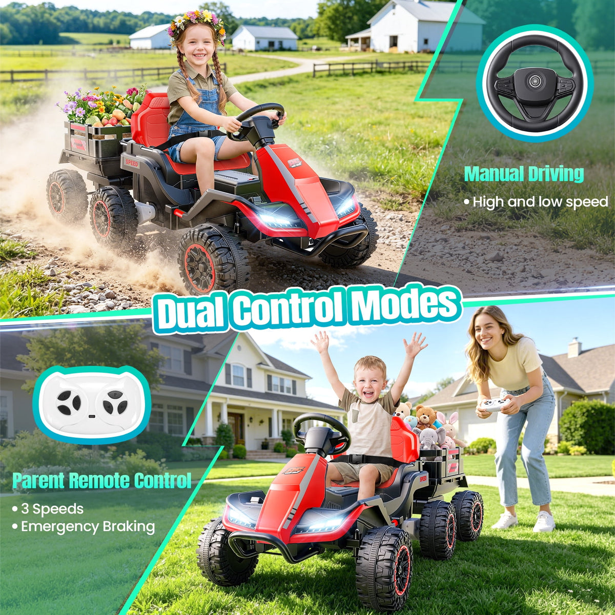 VIBESPARK 24V Ride on Toys with Remote Control, 3 in 1 Ride on Car, Ride on Tractor for Kids with Trailer, 6 Wheel Kids Electric Car w/ Bluetooth, MP3, Music, Green