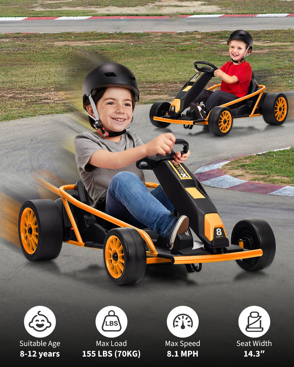 24V Electric Go Kart for Kids 8-12 - Dual 300W Motors, 9Ah Battery, 8MPH High-Speed Drifting, Slow Start, Full Metal Frame, Music, Horn, Power Display, Max Load 155Lbs, Ride-On Toy - Brown