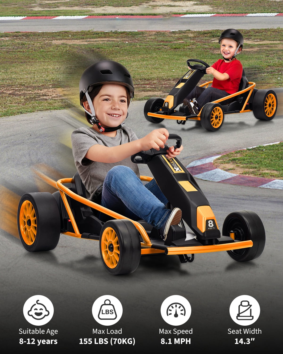 24V Electric Go Kart for Kids 8-12 - Dual 300W Motors, 9Ah Battery, 8MPH High-Speed Drifting, Slow Start, Full Metal Frame, Music, Horn, Power Display, Max Load 155Lbs, Ride-On Toy - Brown