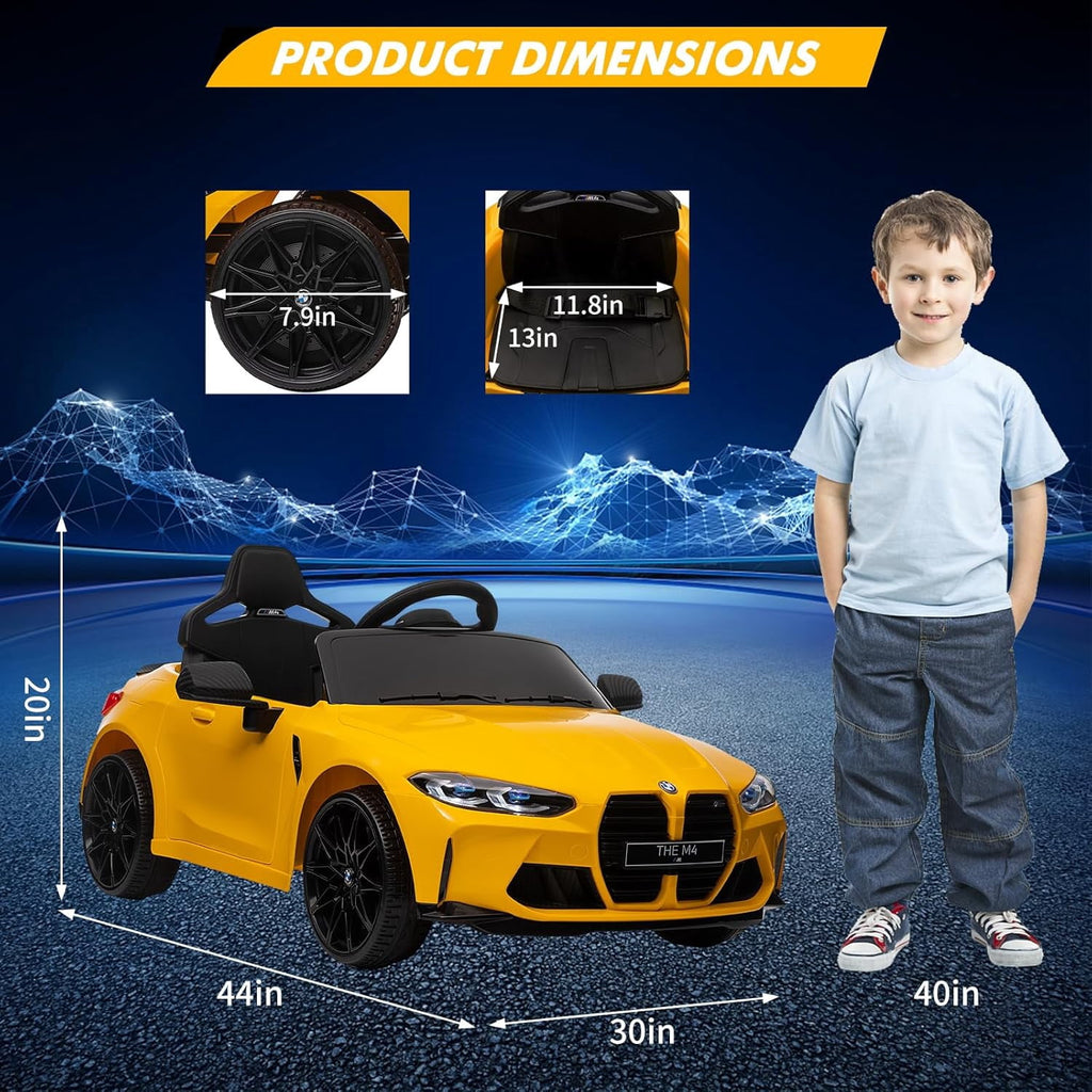 12V Licensed BMW M4 Ride-On Electric Car with Remote Control, 3 Speeds, LED Lights, Music, USB, Adjustable Seat Belt
