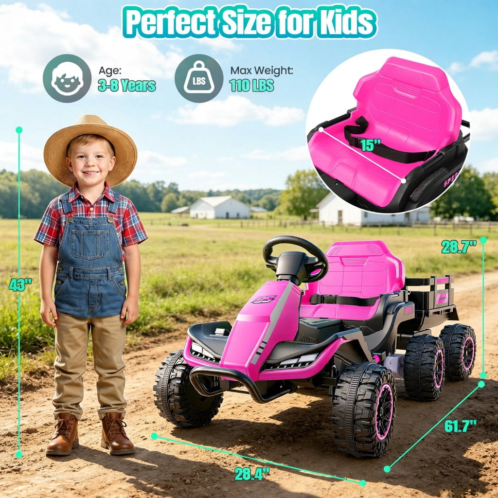 VIBESPARK 24V Ride on Toys with Remote Control, 3 in 1 Ride on Car, Ride on Tractor for Kids with Trailer, 6 Wheel Kids Electric Car w/ Bluetooth, MP3, Music, Green