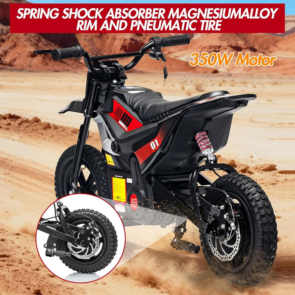 24V Electric Dirt Bike, 350W Ride-On Motorcycle with Rear Suspension, Twist-Grip Throttle, 12-Inch Rubber Tires, 13.67 MPH, 132 Lbs