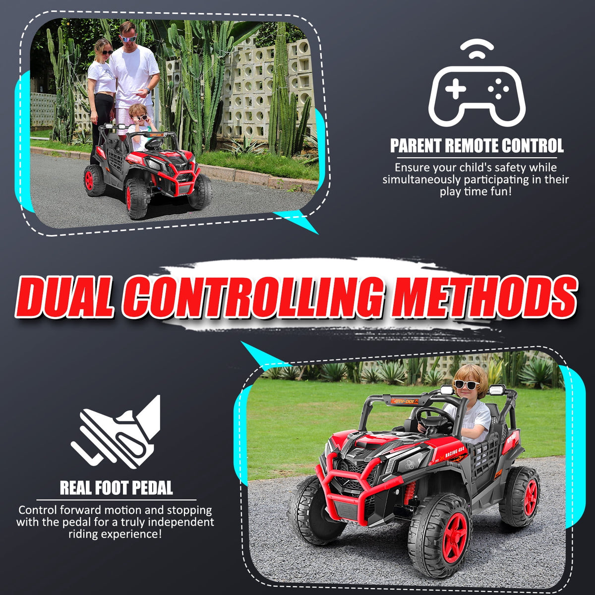 Funcid 24V Ride on Toys 4WD Ride on Cars with Remote Control, 2 XL Seater Electric Car for Kids, Power Car Wheels, UTV w/ 4*200W Motor, Bluetooth, Music, Lights, 3 Speeds, Black