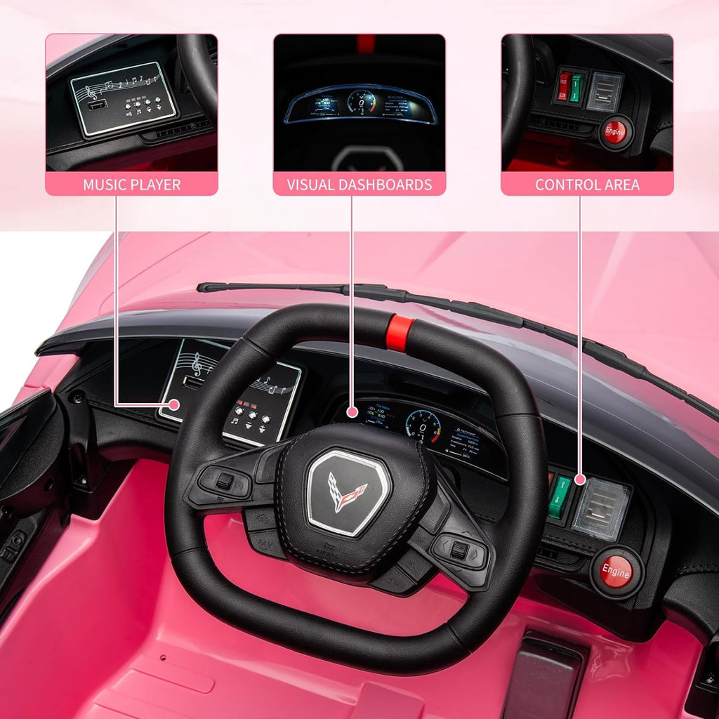 12V Licensed Corvette C8 Ride-On Electric Sports Car, Dual 30W Motors, Remote Control, LED Lights, Music, Openable Doors, 66 lbs