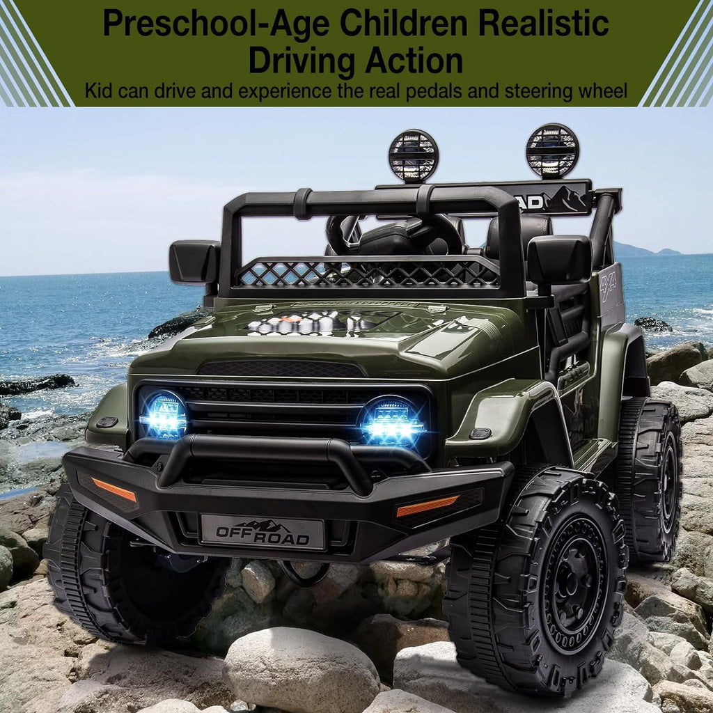 12V Remote Control Ride-On Car, 3 Speeds, Spring Suspension, LED Lights, Bluetooth Music, Parental Brake, for Ages 3-8, 65 lbs Capacity,Armygreen