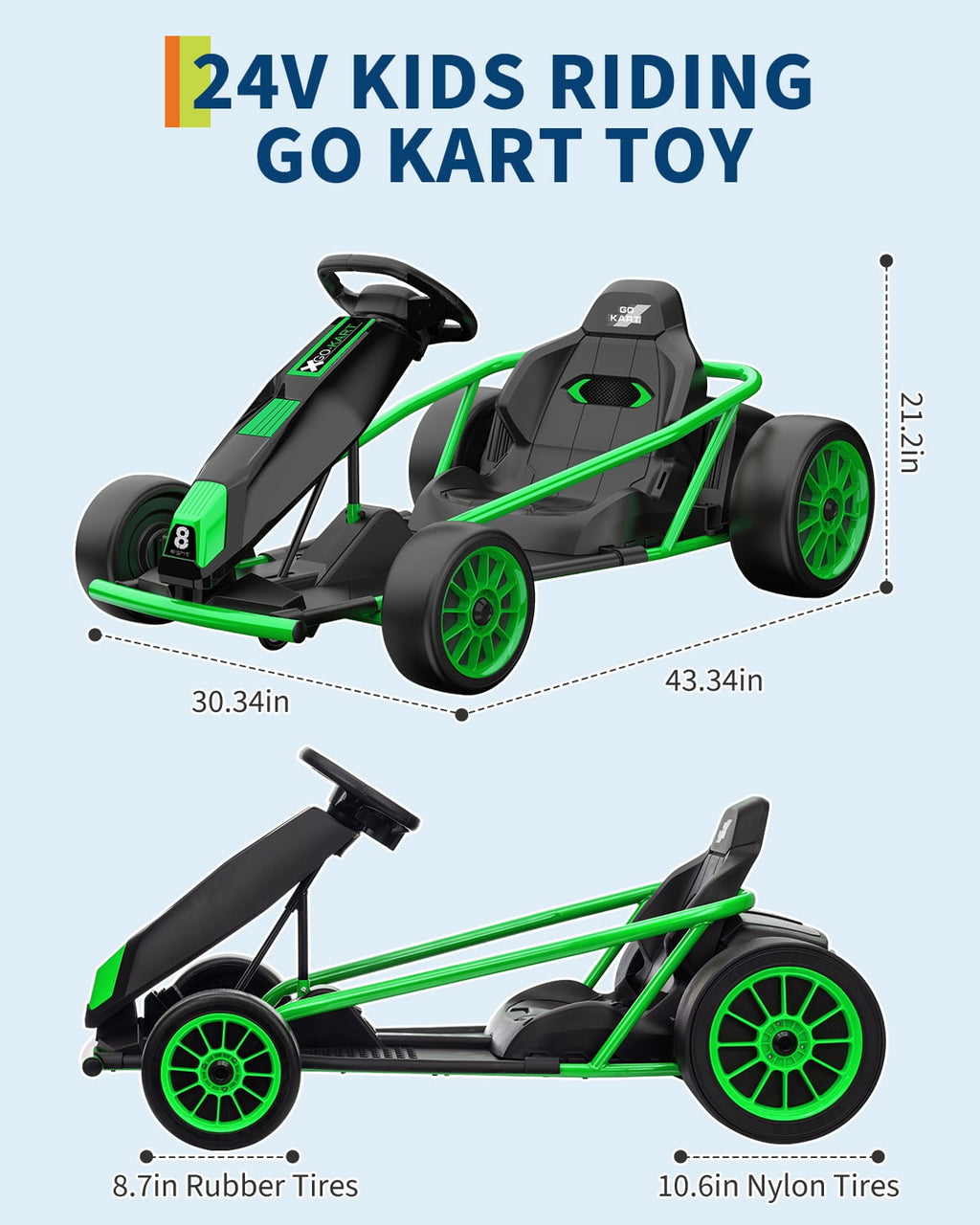 24V Electric Go Kart for Kids 8-12 - Dual 300W Motors, 9Ah Battery, 8MPH High-Speed Drifting, Slow Start, Full Metal Frame, Music, Horn, Power Display, Max Load 155Lbs, Ride-On Toy - Brown