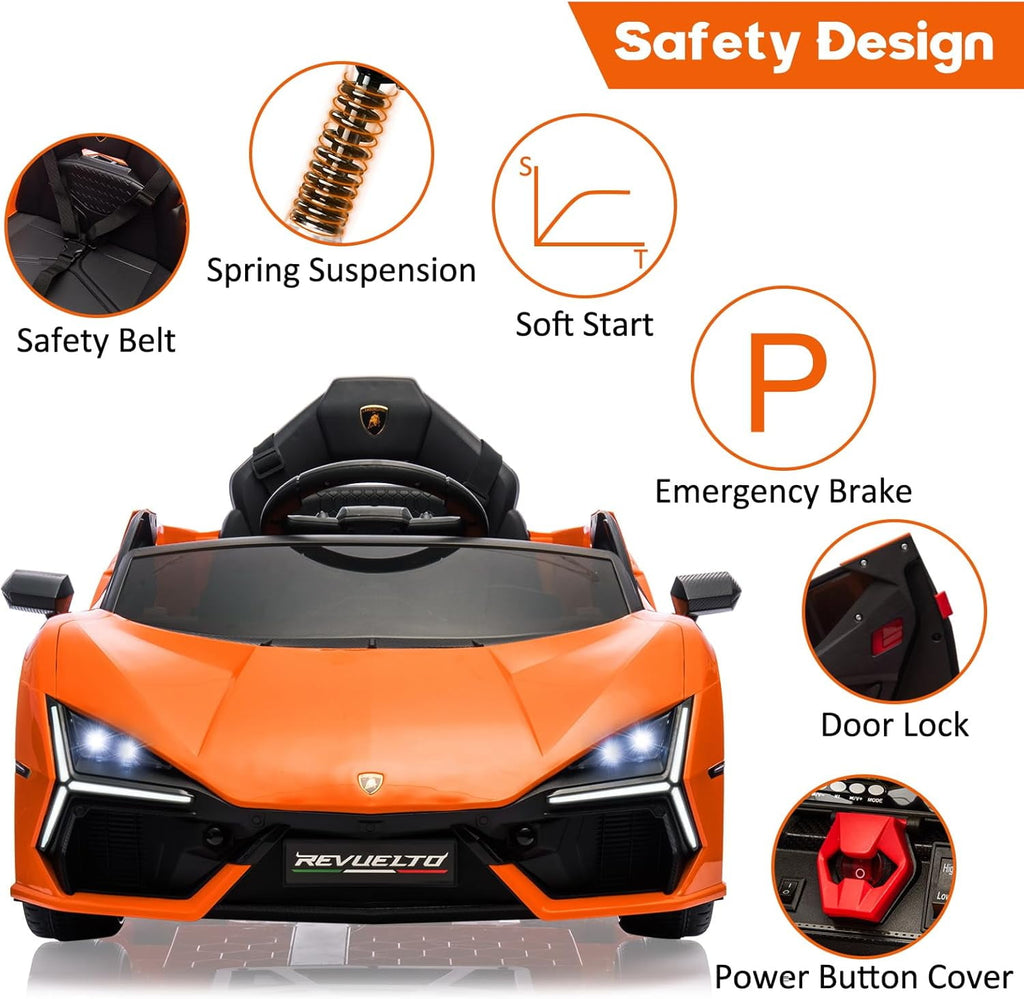 12V Licensed Lamborghini Revuelto Ride-On Electric Sports Car, Dual 25W Motors, Remote Control, Bluetooth, LED Headlights, Music, 1-2 MPH