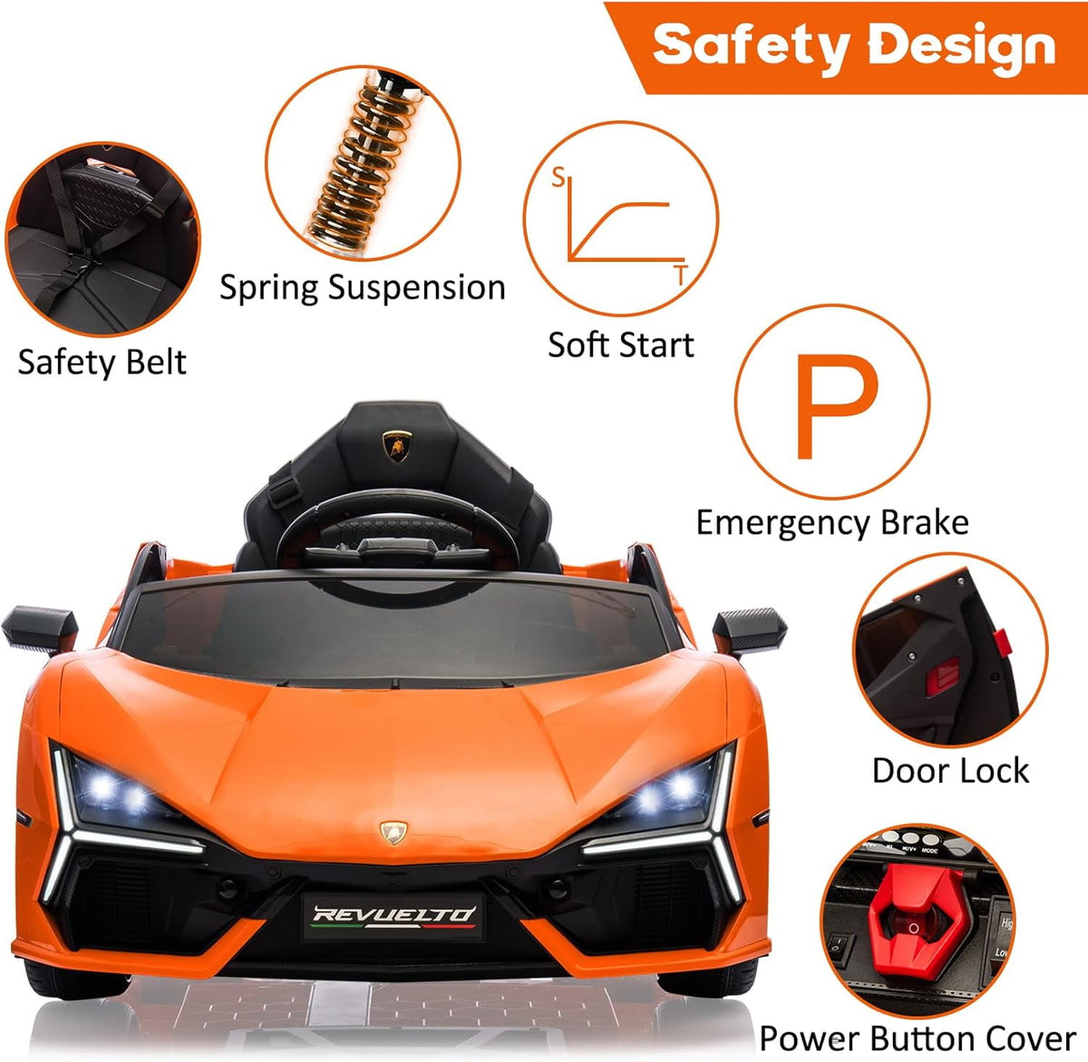 12V Licensed Lamborghini Revuelto Ride-On Electric Sports Car, Dual 25W Motors, Remote Control, Bluetooth, LED Headlights, Music, 1-2 MPH