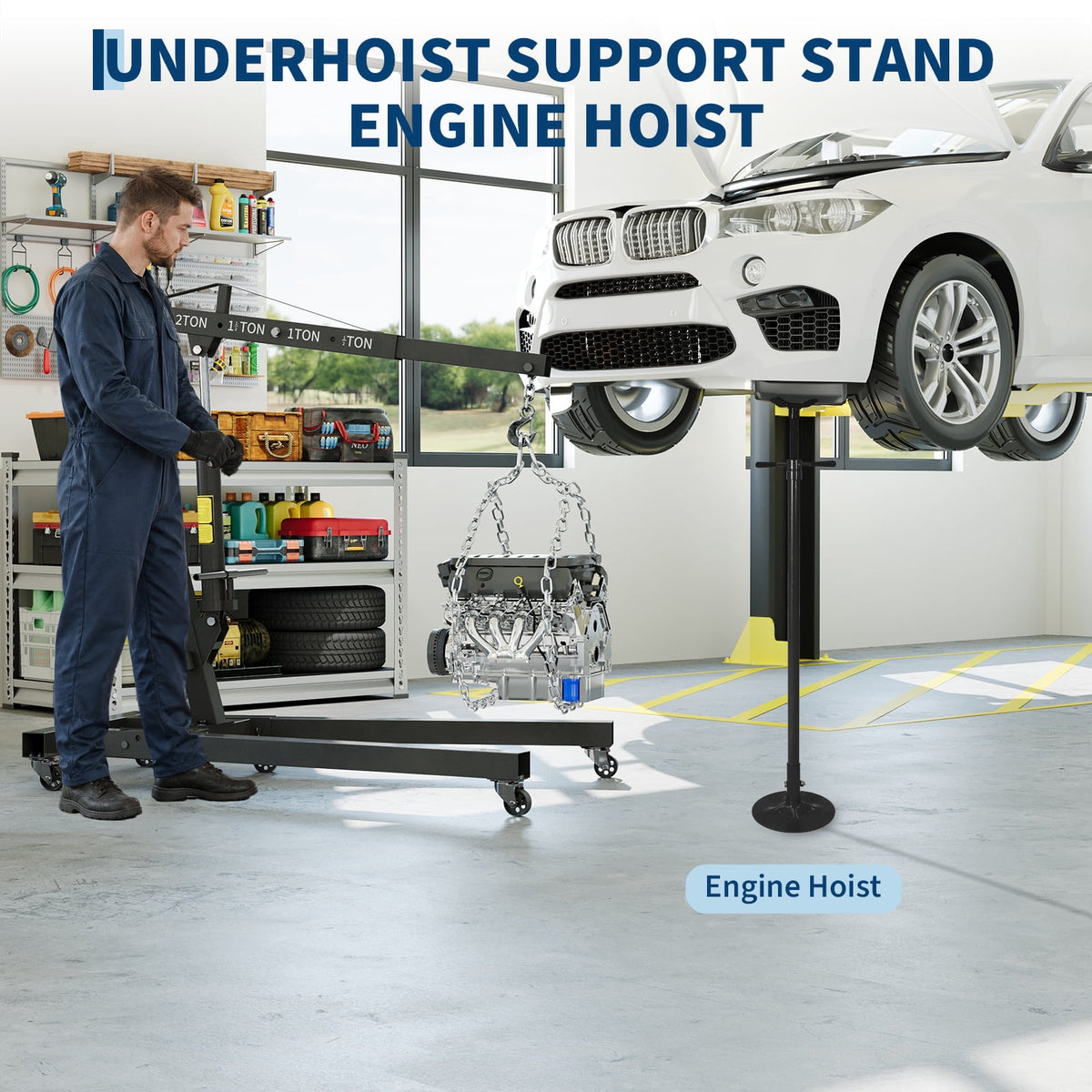 2 Ton Folding Hydraulic Engine Hoist & 3/4 Ton Underhoist Support Stand Set – Heavy Duty Steel Shop Crane, 4-Position Boom, High Reach for Automotive Engine Work, Orange (RAL2004)