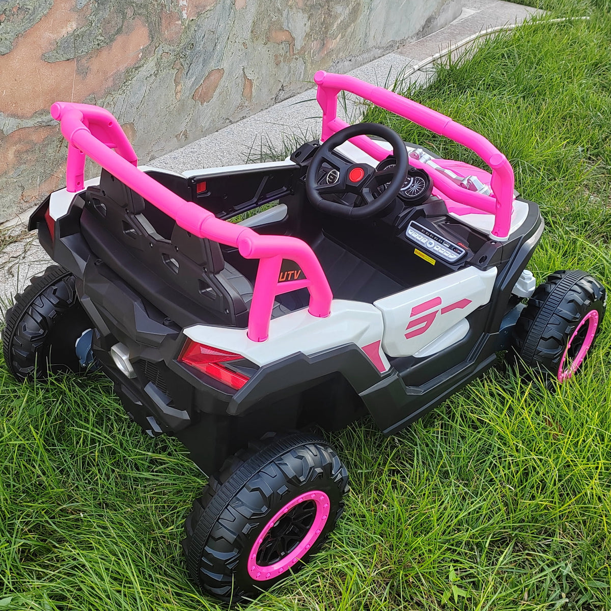 Sunnyfree 24 Volt Ride on Toys, 4WD Electric Car for Kids, Power Car Wheels with Remote Control, Bluetooth, Spring Suspension, LED Light, Pink
