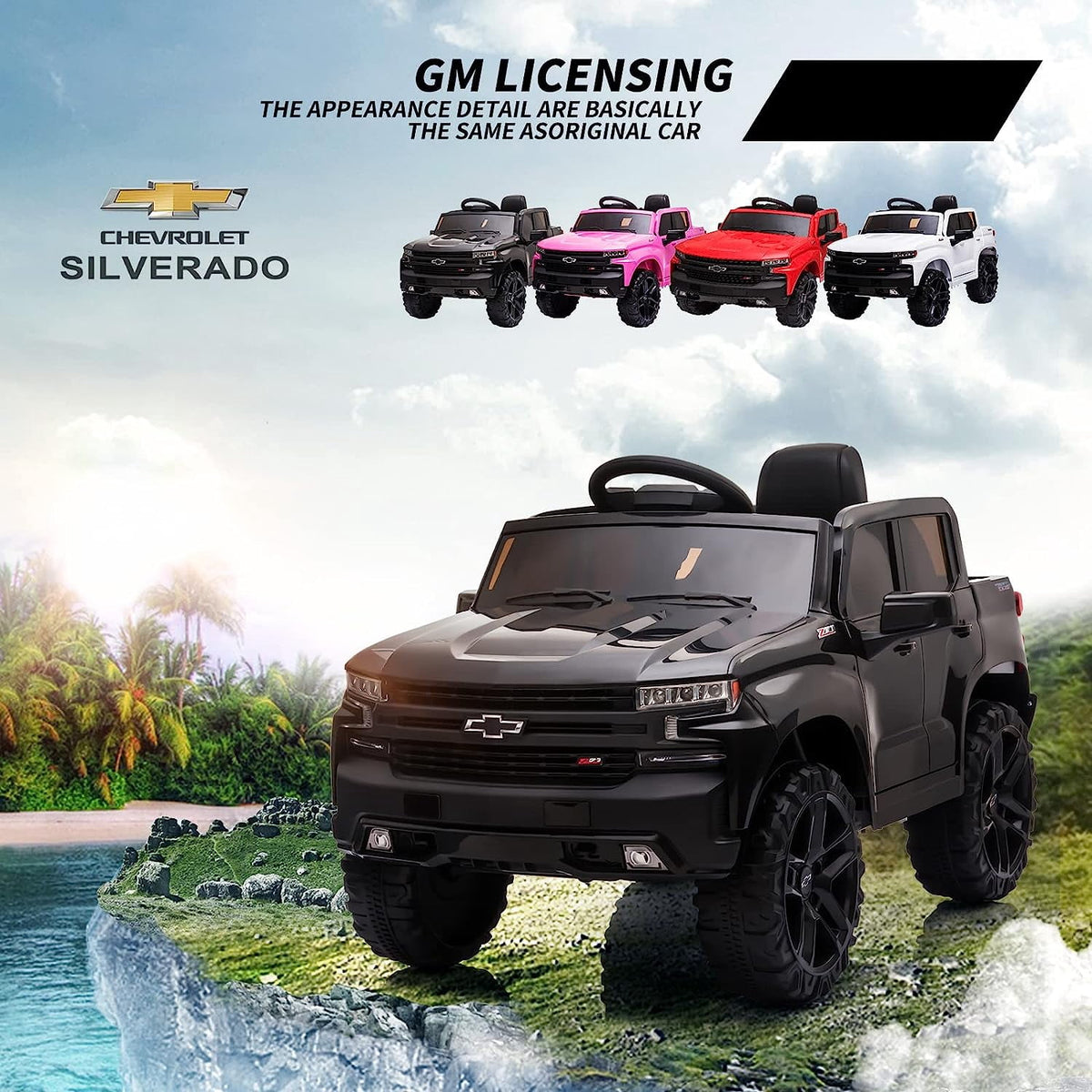 12V Licensed Chevrolet Silverado Ride On Truck, Electric Ride On Car with Remote Control, Bluetooth, MP3, LED Lights, Spring Suspension, Storage Bin, Realistic Truck Toy