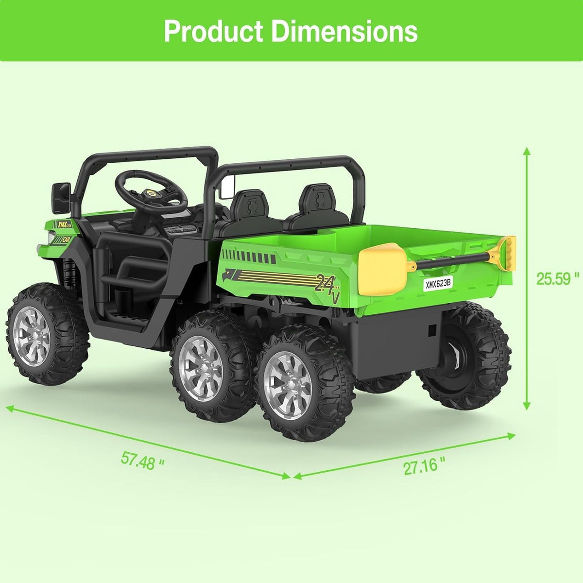 24V 4WD Electric Ride-On Dump Truck for , 2-Seater UTV with Remote Control, Bluetooth Music, Seatbelts, LED Lights, Mobile Phone Connectivity, Double Seat 6 Wheel Truck for Ages 3-8,Green