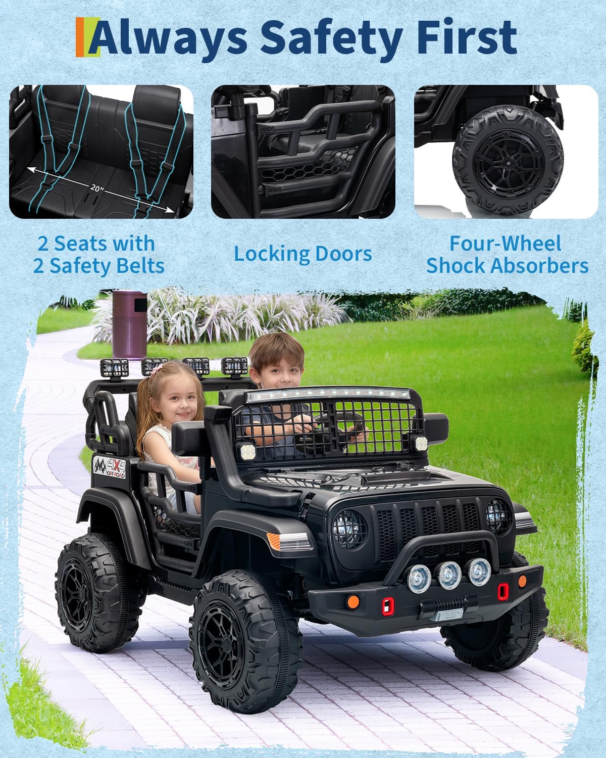 24V 2-Seater Electric Ride-On Car with 2.4GHz Remote Control, 20 in Bench Seat, 7Ah Battery, Dual 120W Motors, 4-Wheel Suspension, LED Lights, Music & Horn, USB Port, Bluetooth,Black