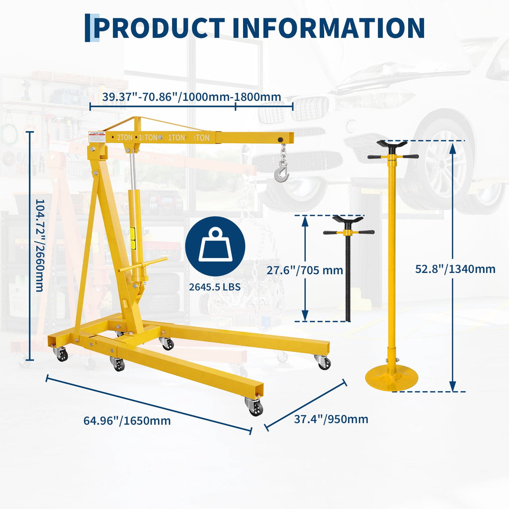 2 Ton Folding Hydraulic Engine Hoist & 3/4 Ton Underhoist Support Stand Set – Heavy Duty Steel Shop Crane, 4-Position Boom, High Reach for Automotive Engine Work, Orange (RAL2004)