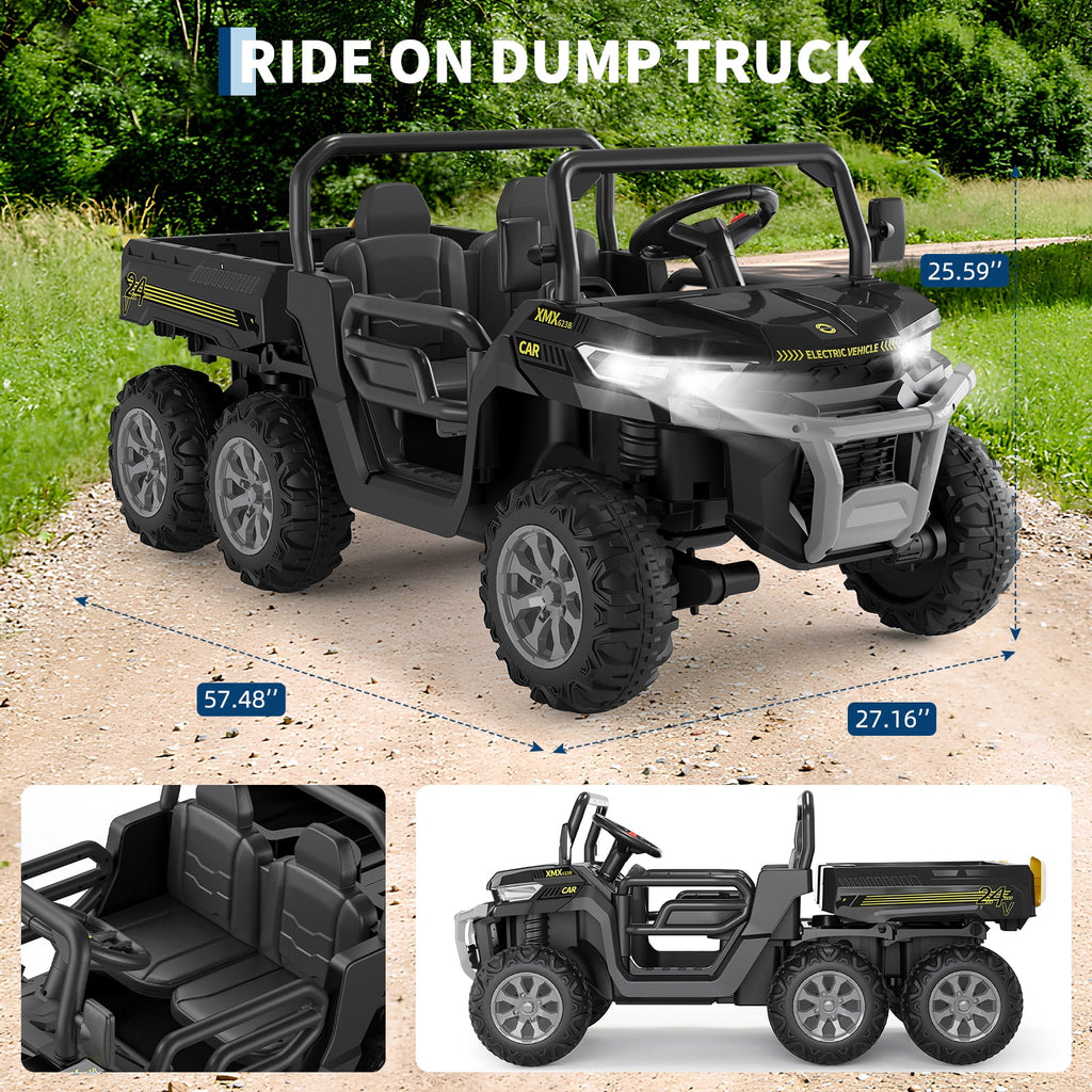 24V 2-Seater 6-Wheel Electric Dump Truck Ride-On for Kids – 4WD UTV Car, Remote Control, Electric Dump Bed, Music, Horn, Industry Standard/CPSIA Certified, Power Ride-On Toy for Boys & Girls