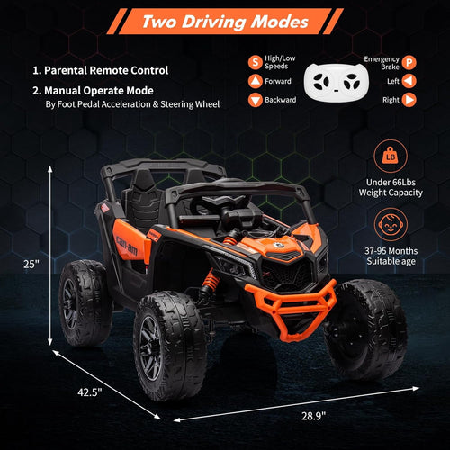 12V Licensed All-Terrain UTV Ride-On Car, Dual Motors, 2.4G Remote Control, Spring Suspension, EVA Wheels, LED Lights & Music, Openable Doors, 66 LBS Max Load