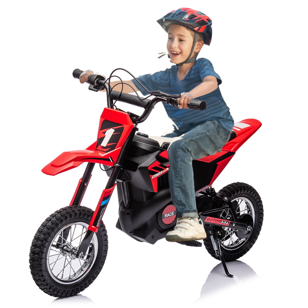 High-Speed 24V 250W Electric Off-Road Motorcycle – 13.6MPH Dirt Bike for Kids & Teens, Leather Seat, Disc Brake, Chain Drive, Air Tires, Twist Throttle, Ages 8-13, Red