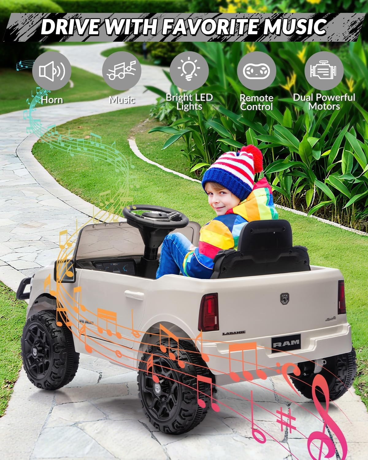 12V Licensed RAM Ride-On Pickup Truck, Electric Ride-On Car with Remote Control, 4-Wheel Suspension, Double Doors, LED Lights, Music, USB & AUX