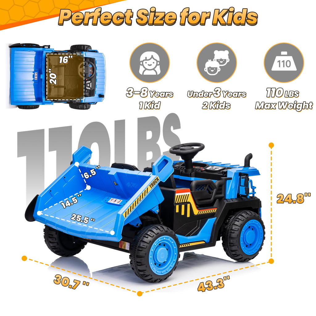 24 Volt Ride on Toys w/ Remote Control, 2*200W Strong Motor, Electric Powered Ride on Dump Truck with Shovel, 3 Speeds, LED Lights, MP3/USB Music, Blue