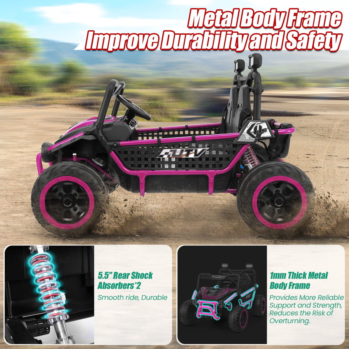 Funcid Metal Frame 24 Volt Ride on Toys, 2-Seater Ride on Cars with Remote Control, Electric Car for Kids, Power UTV Wheels with Key Start, Storage Bag, Bluetooth, Music, Spring Suspension, Pink