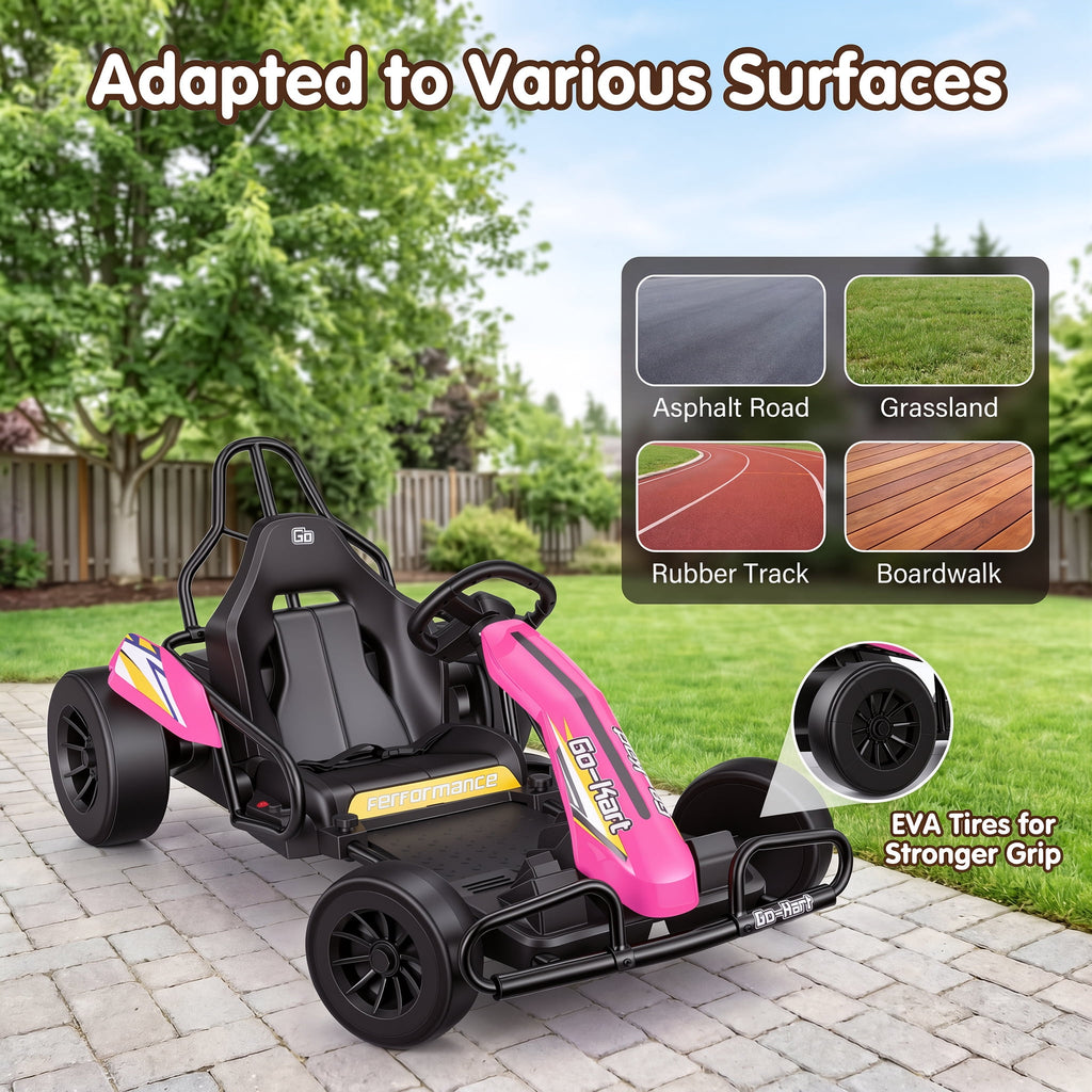 Funcid 24V 10Ah Big Battery Go Kart for Kids Age 6-12, Ride on Toys with 600W Motors, 7.5 MPH Electric Go Kart W/ EVA Wheels, 4-Level Adjustable Seat & 360° Drift Mode, LED Power Display, Red