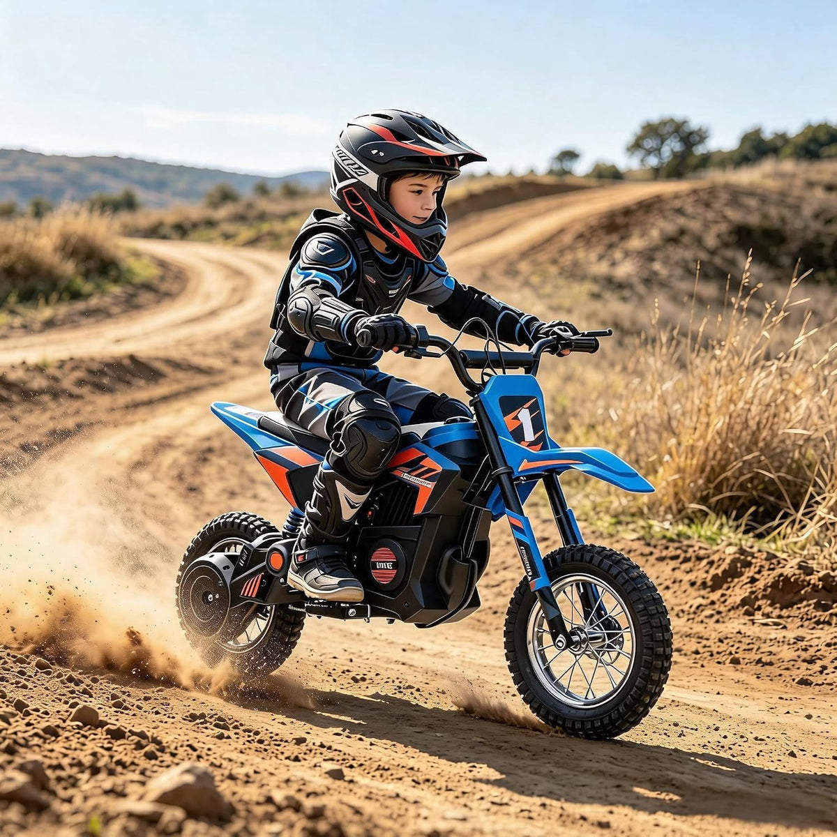 24V Electric Dirt Bike, 250W Brushed Motor, 13.6 MPH Max Speed, Chain Drive System, Disc Brake, Metal Spring Suspension, 12.6 Inch Pneumatic Tires, Leather Seat, 138 LBS Max Load,Blue