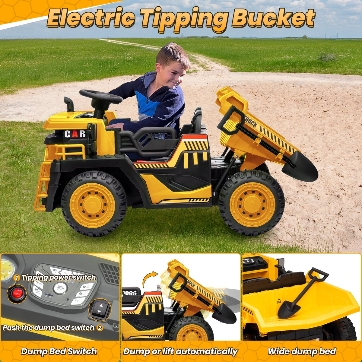 Funride 24V Ride on Toys 2 Seater Ride on Dump Truck w/ Remote Control w/ Dump Bed, 3 Speeds, Shovel, Bluetooth/Music, Big Kids, Yellow