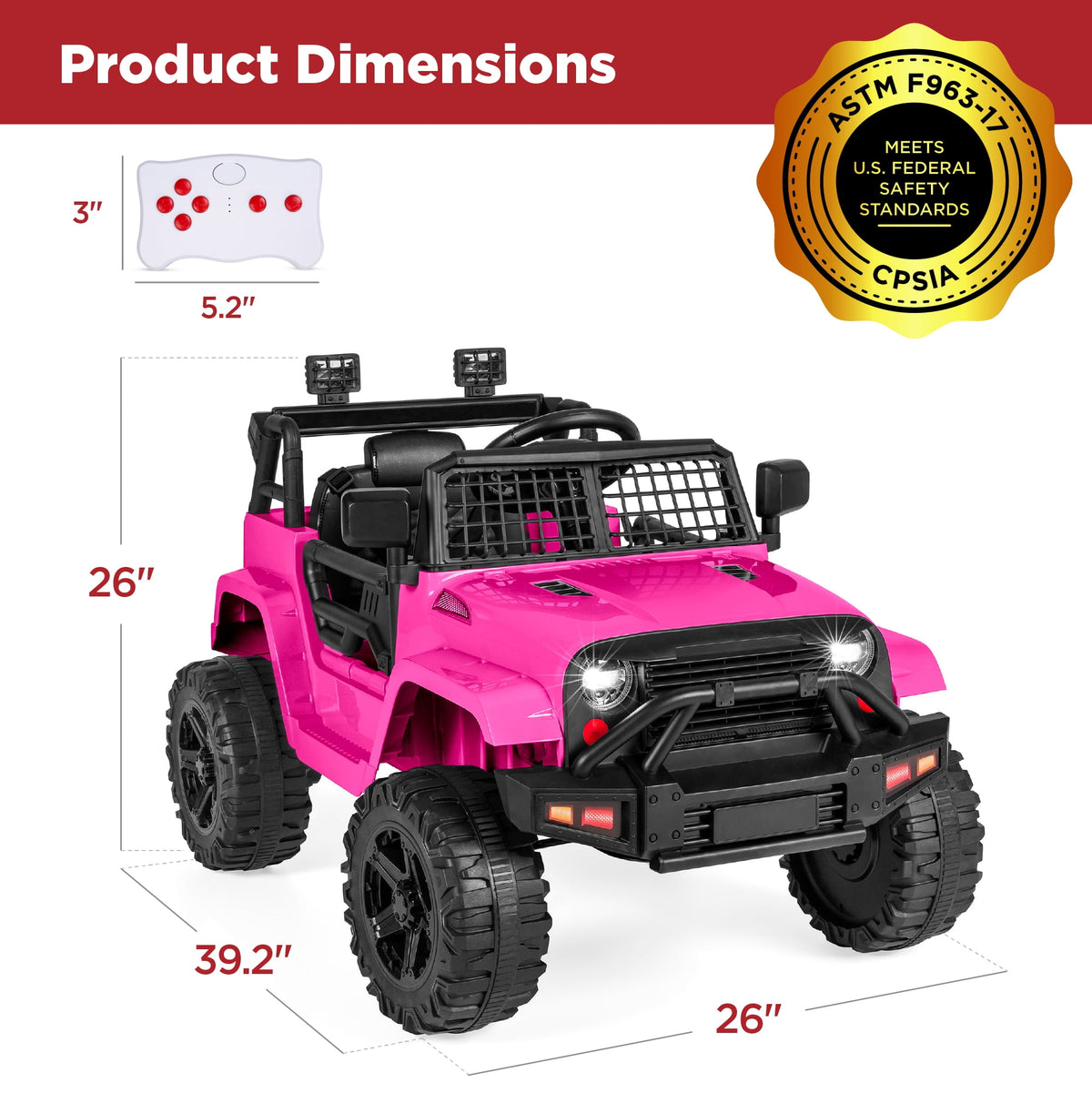 Best Choice Products 12V Kids Ride On Truck Car w/ Parent Remote Control, Spring Suspension, LED Lights - Hot Pink