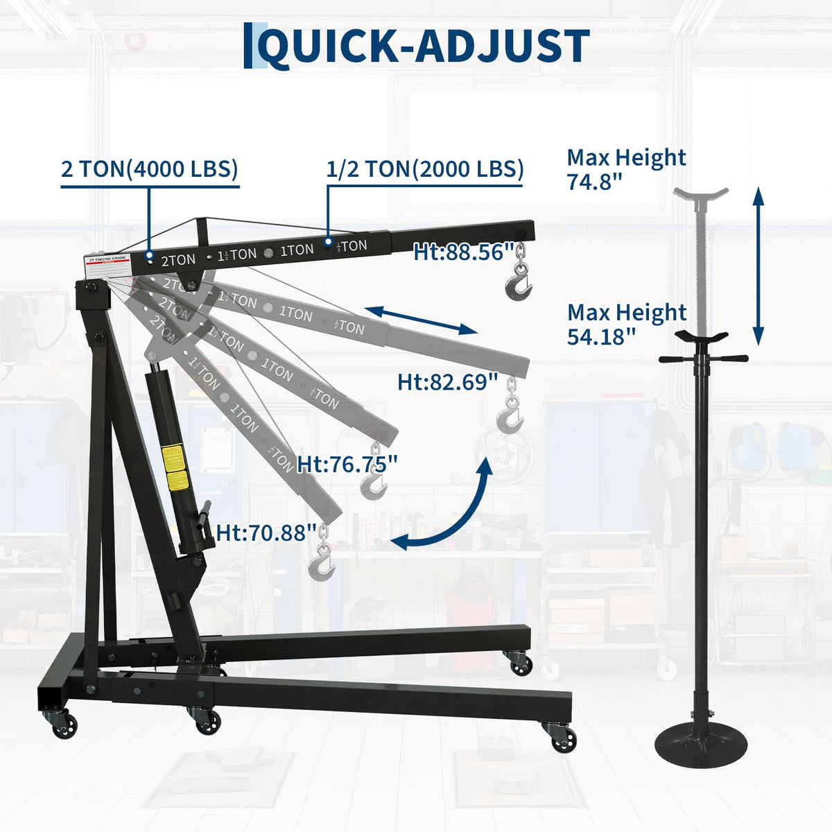 2 Ton Folding Hydraulic Engine Hoist & 3/4 Ton Underhoist Support Stand Set – Heavy Duty Steel Shop Crane, 4-Position Boom, High Reach for Automotive Engine Work, Orange (RAL2004)