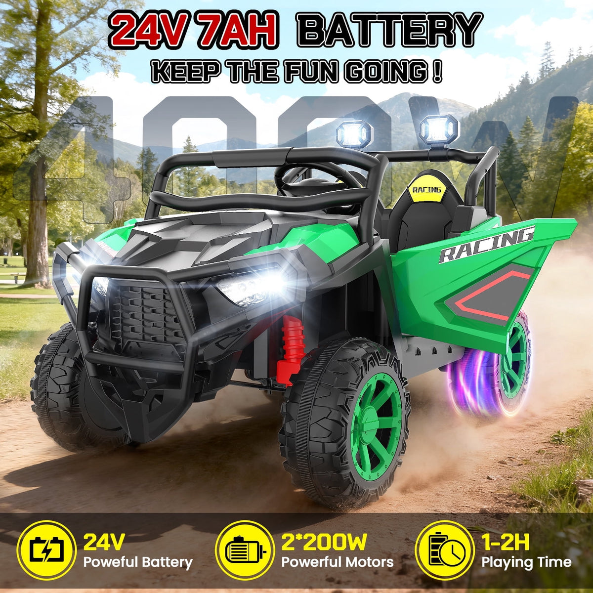 VIBESPARK 24 Volt 2 Seater Ride on Toys for Kids, Powered Ride on Cars with Remote Control, Electric UTV Car for 3-8 Boys Girls Gift w/ Bluetooth, LED Light, Music, Green