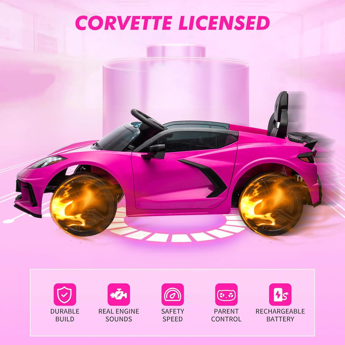12V Licensed Corvette C8 Ride-On Electric Sports Car, Dual 30W Motors, Remote Control, LED Lights, Music, Openable Doors, 66 lbs
